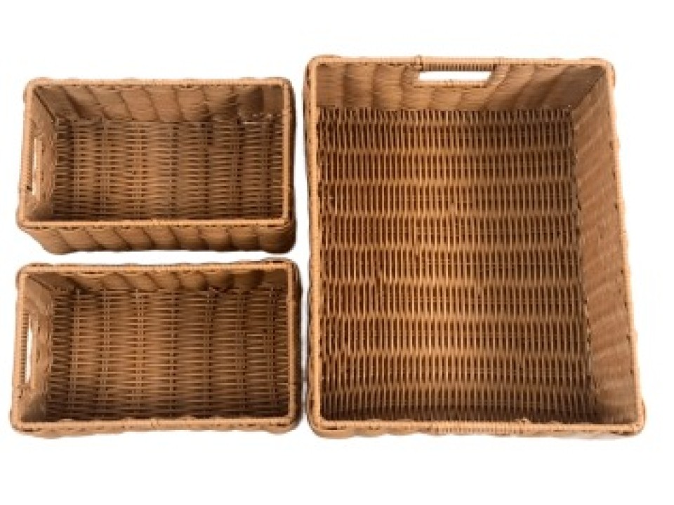 Artisanal PE Woven Rectangular Storage Basket Set with Cut-out Handles